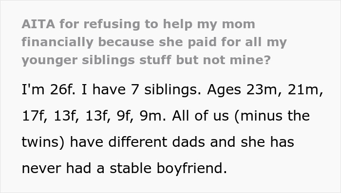 Young woman explains reasons for refusing to support mother financially while caring for siblings in complex family situation.