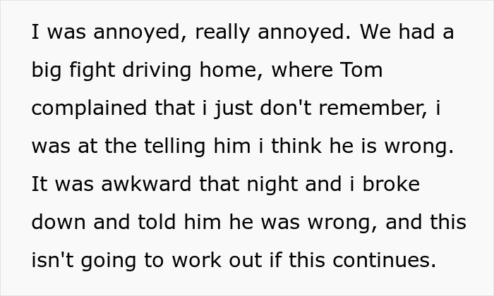 Text excerpt describing a fight where a guy is convinced about taking an art class with his girlfriend, who has no memory of it.