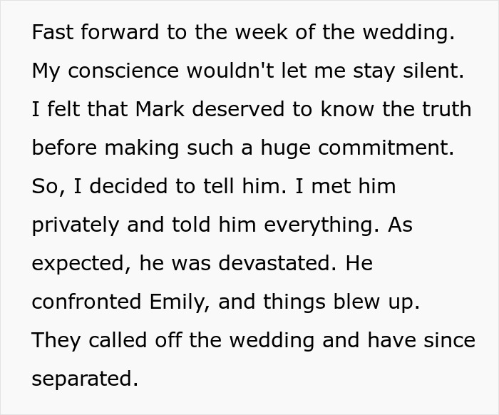 Woman struggles with friend&rsquo;s heavy secret, revealing it to her fianc&eacute; right before the wedding, causing dramatic fallout.