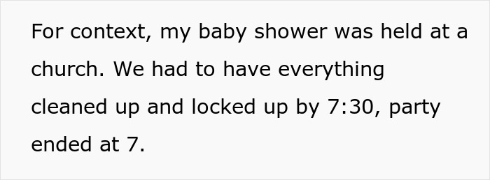 Text excerpt explaining baby shower location and timing constraints at a church, relating to sibling planning and overshadowing concerns.