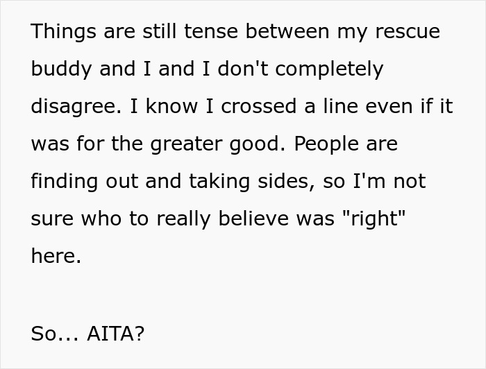 Text showing a personal conflict reflecting neutering cat owners drama with divided opinions and uncertainty about who is right.