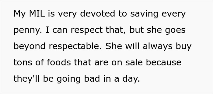 Text describing cheap MIL feeding spoiled food to son and his girlfriend, pressuring them to eat it despite concerns.