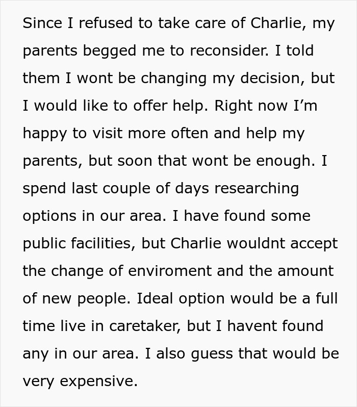 Text discussing parents expecting son to care for autistic brother and son's refusal to give up life.