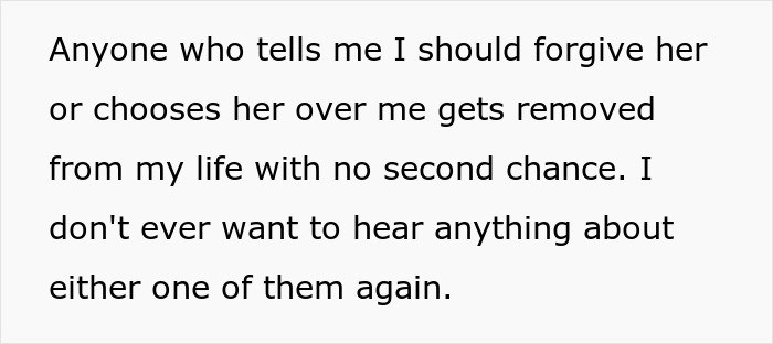 Alt text: Text expressing refusal to forgive or accept someone, reflecting a woman's world crumbling after husband's dark secret revealed.