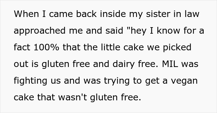 Text screenshot showing a woman explaining how her MIL tried to purposely trigger her allergies with a non-gluten-free cake. Text screenshot showing a woman explaining how her MIL tried to purposely trigger her allergies with a non-gluten-free cake.
