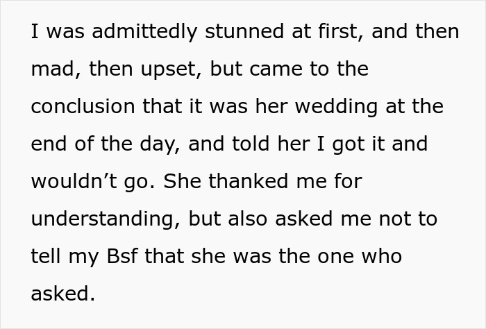 Text excerpt about groom kissing best friend at bachelor party causing anger and secret ban from bride on wedding attendance.