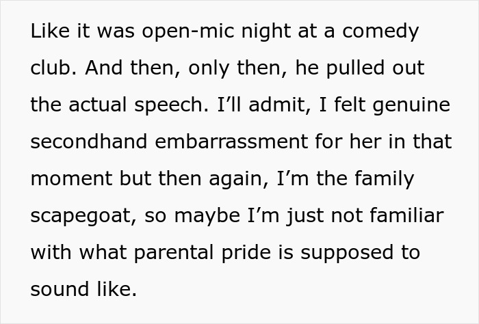 Text about feeling secondhand embarrassment for a bride exposing family favoritism during a wedding speech.