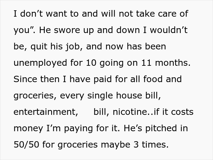 Text excerpt showing a lazy guy refuses to contribute financially, leaving his girlfriend to pay all bills and groceries alone.