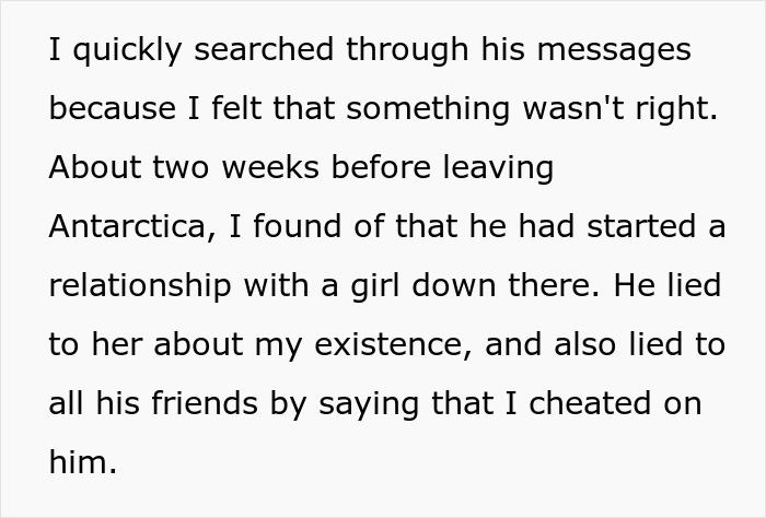 Text excerpt describing a long-distance romance scandal involving cheating and false rumors while abroad. Text excerpt describing a long-distance romance scandal involving cheating and false rumors while abroad.