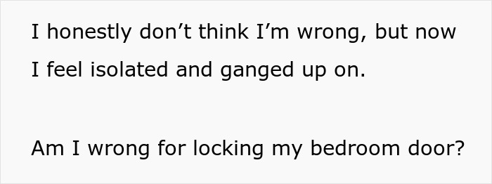 Text image showing a message about feeling isolated and questioning if locking a bedroom door is wrong, relating to creepy MIL.