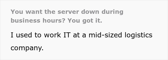Text with a bold heading saying You want the server down during business hours? You got it, followed by a sentence about working IT at a mid-sized logistics company, illustrating server down business hours malicious compliance. Text with a bold heading saying You want the server down during business hours? You got it, followed by a sentence about working IT at a mid-sized logistics company, illustrating server down business hours malicious compliance.