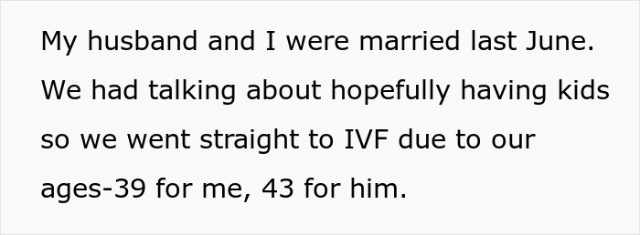 Text excerpt about a couple discussing IVF after marriage, highlighting ages and plans for having kids.
