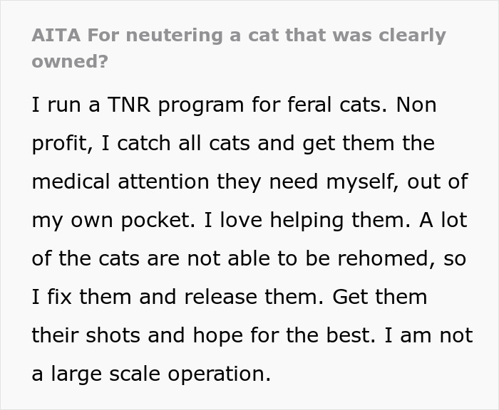 Alt text: Person explaining neutering cat owners drama while managing TNR program for feral cats with medical care and release efforts