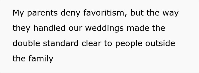 Text showing a bride exposing family favoritism as she tries to erase her twin from the wedding before everyone's eyes.