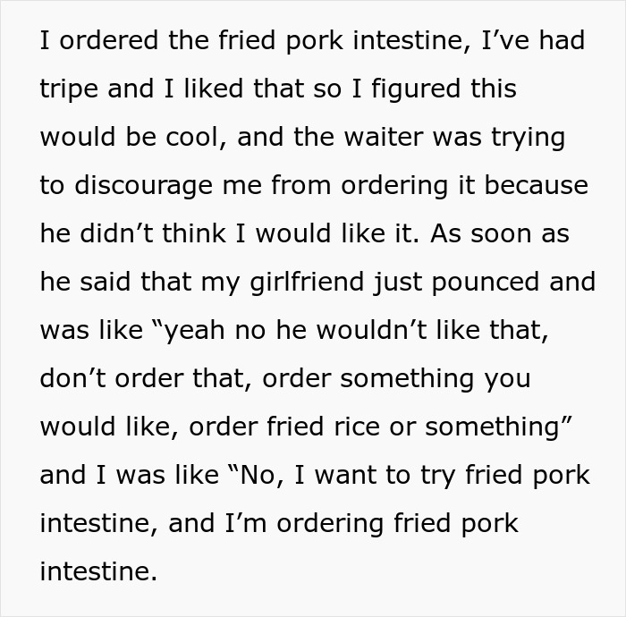 Person insisting on ordering fried pork intestine despite waiter and girlfriend's discouragement at a restaurant.