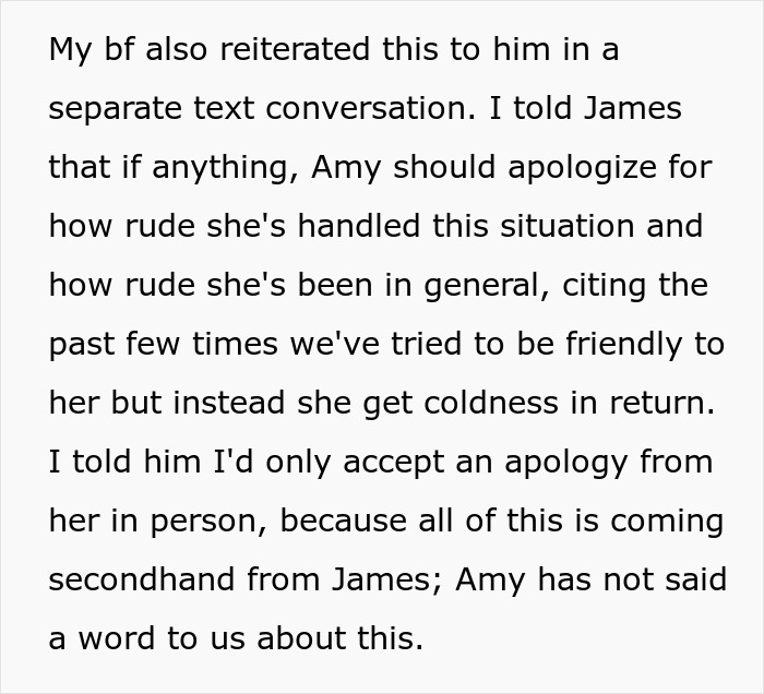 Text message discussing a dispute about a party, focusing on rude behavior and refusal to apologize in person.