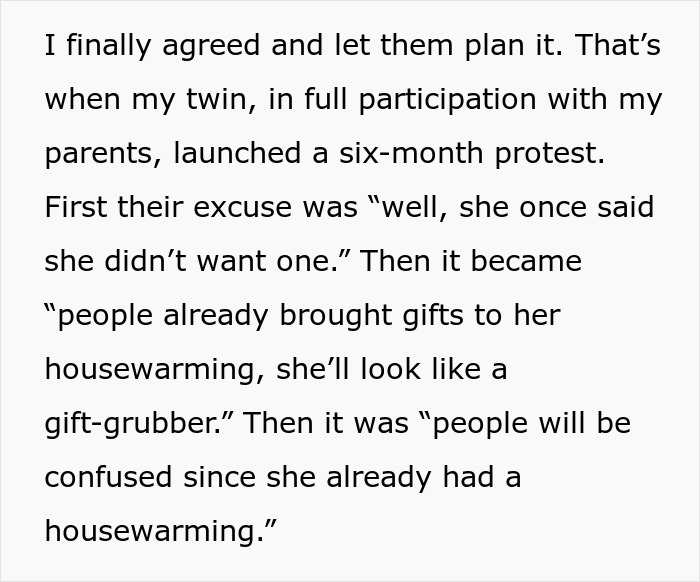 Text excerpt describing a bride&rsquo;s twin and parents planning a protest, highlighting family favoritism issues.