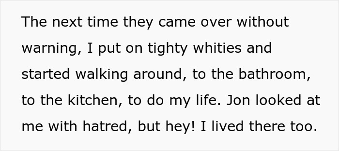 Text excerpt showing a man describing how he wore tighty whities after being told his boxers bothered guests, creating awkwardness.