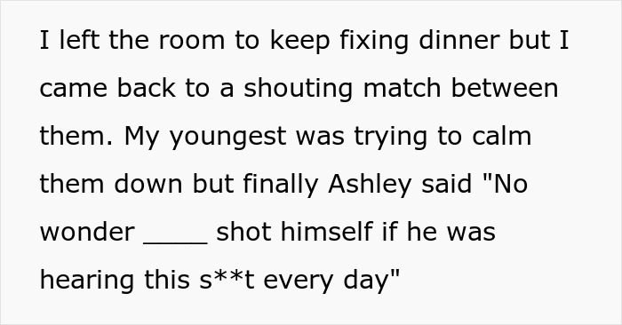 Text excerpt showing a family shouting match during dinner after a cruel joke about husband, sparking tension.