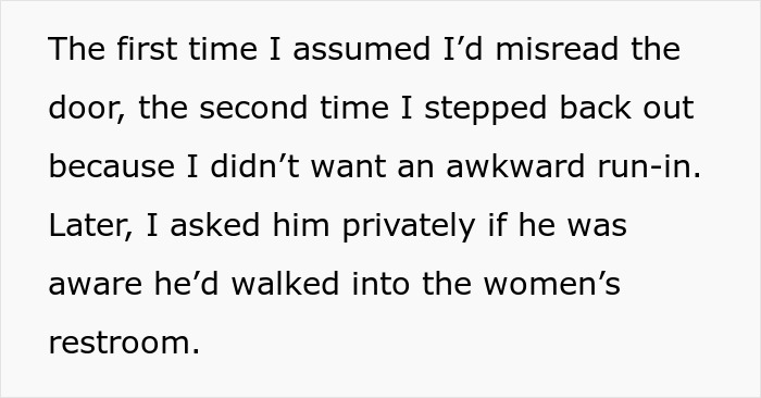 Text excerpt describing a gay man finding the men's restroom unsafe and using the ladies' restroom instead, causing a female colleague to be fed up.
