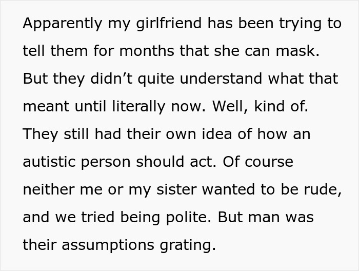 Text about a man pranking girlfriend's parents to help his autistic sister while facing relationship objections.