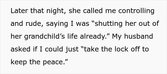 Text excerpt showing a confrontation about a lock, with a creepy MIL watching pregnant DIL and playing the victim.