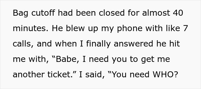 Text message screenshot showing a conversation about a man expecting his wife to rescue him after missing his flight.