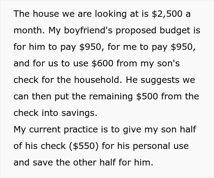 Budget discussion involving woman's boyfriend wanting to use son&rsquo;s survivor benefits for household expenses and savings plan.