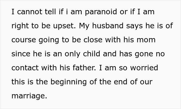 Text excerpt expressing worry about husband prioritizing closeness with mom over marriage, involving luxury vehicle plans.