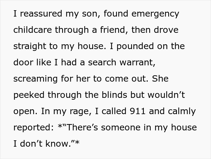 Text describing a tense encounter with a lady locking out affair partner&rsquo;s kid in winter, mom seeks emergency help.