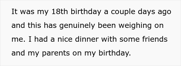 Teen disappointed and deeply hurt by parents' gift for her 18th birthday, reflecting on feelings after celebration.