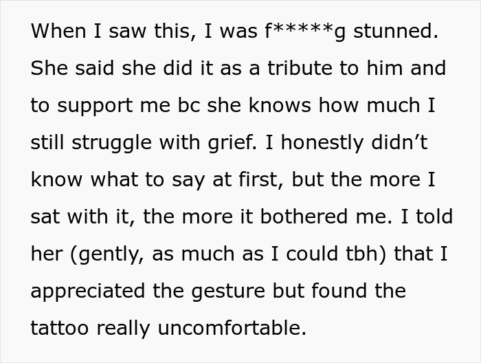 Text message conversation expressing shock and discomfort over fiancée’s tattoo of late brother’s face. Text message conversation expressing shock and discomfort over fiancée’s tattoo of late brother’s face.
