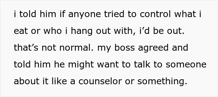 Text excerpt showing a 23-year-old confronting a married coworker about controlling behavior and fearing it led to divorce. Text excerpt showing a 23-year-old confronting a married coworker about controlling behavior and fearing it led to divorce.