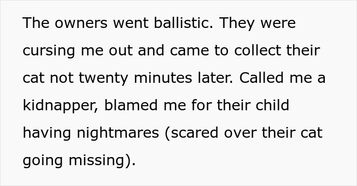 Text excerpt about cat owners reacting angrily and creating drama after their cat was neutered.