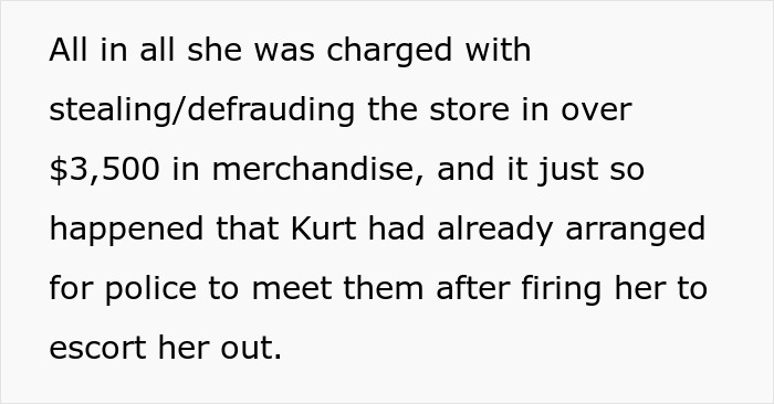 Text showing details of pet store manager defrauding store of $3500 in merchandise with employee observations and paper trail.