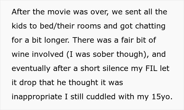 Text excerpt discussing in-laws accusing a father of crossing limits after cuddling his 15-year-old child.