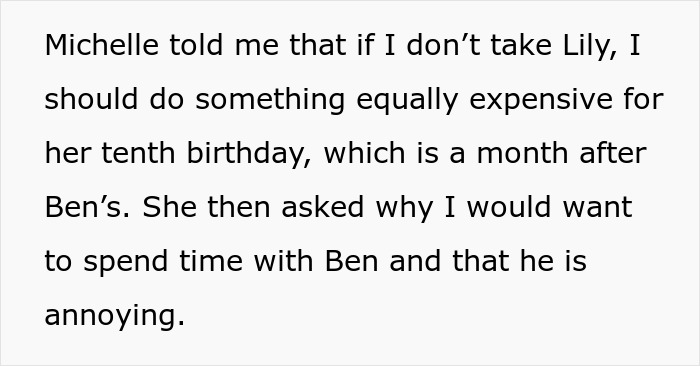 Text showing a sister accuse favoring nephew niece by insisting on equal expensive gifts and questioning spending time with Ben.