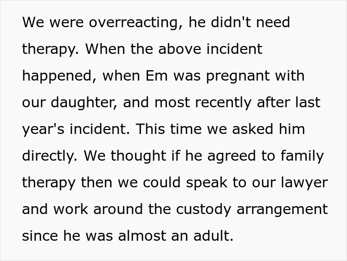 Text excerpt discussing family therapy and custody arrangements between a man and his stepson regarding college fund contributions.