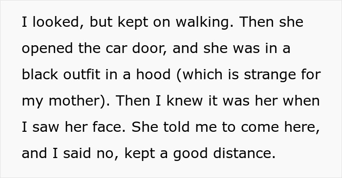 Person in a black hooded outfit approaching a car door while another person keeps a safe distance in a tense moment mother-poisoned-me
