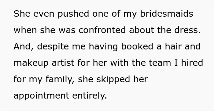 Text describing a woman pretending to be the bride at her sister-in-law&rsquo;s wedding despite being married to the bride&rsquo;s brother.
