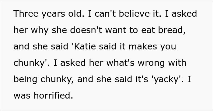 Text excerpt showing a dad horrified as little girl copies ex&rsquo;s eating disorder comments about bread being yucky at three years old.