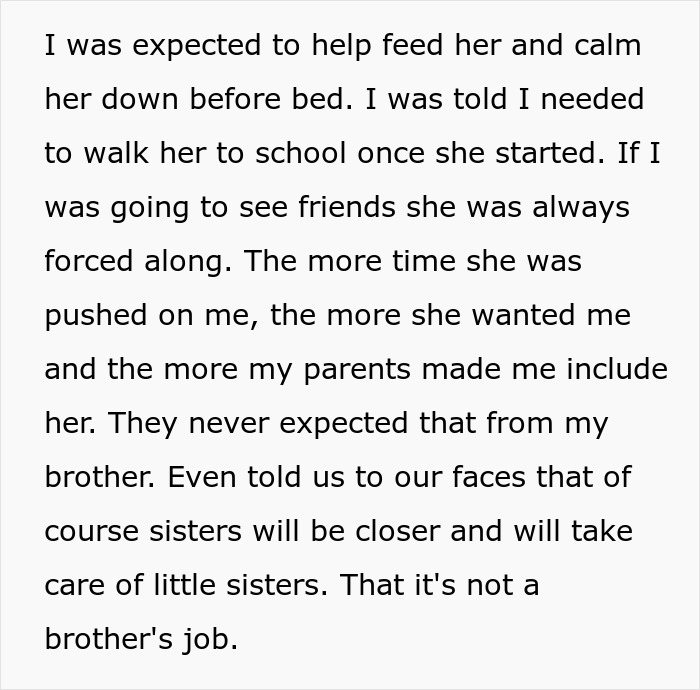 Text excerpt discussing a 19-year-old forced to be a parent to little sister, unlike her brother who is not expected to help.