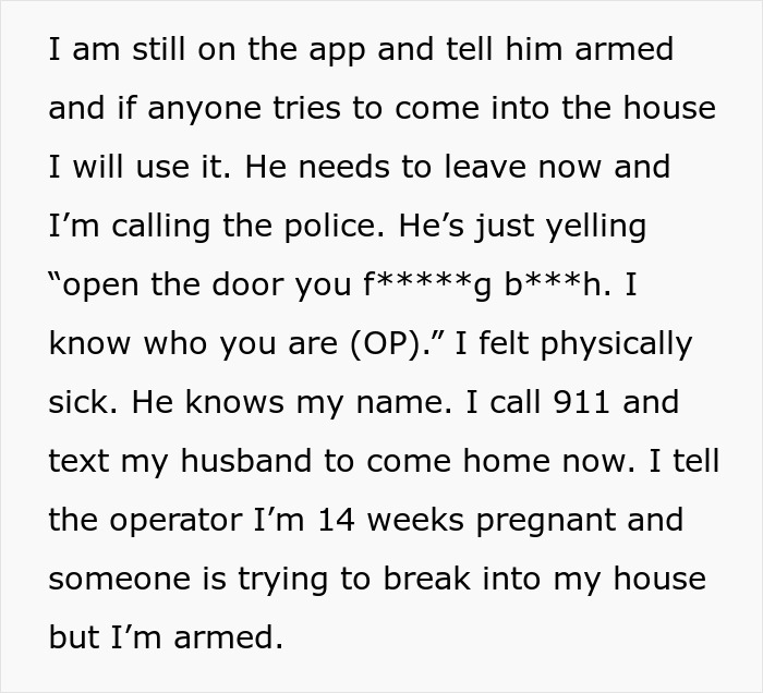 Text message describing a tense home situation involving police, pregnancy, and a man threatening to break in.