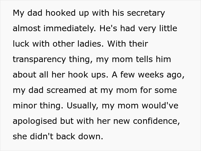 Text excerpt about dad wanting an open marriage, getting upset when mom had other relationships, and their transparency rule.