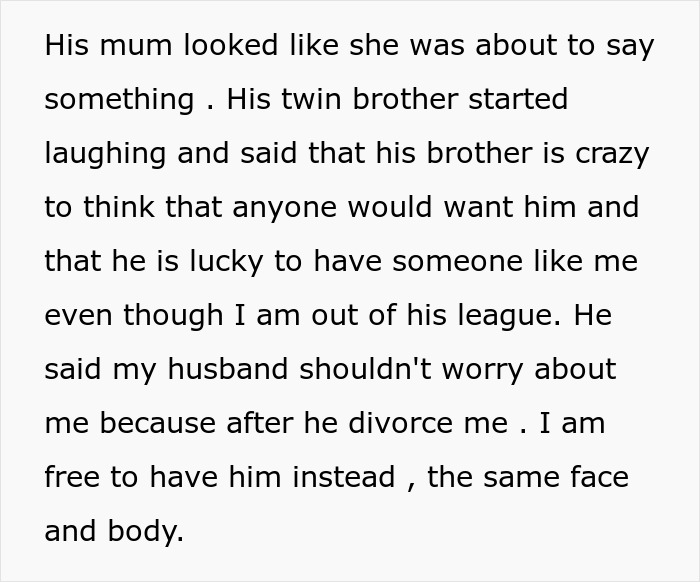 Text excerpt discussing a man joking about trading his wife for a younger woman, with his twin brother offering to date her instead.