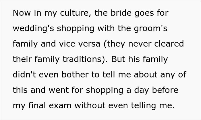 Text discussing cultural wedding dress shopping traditions and family excluding fianc&eacute;e from dress shopping.