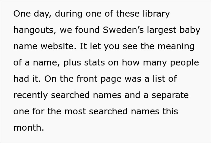 Text about a baby-naming website showing name meanings and stats, spurred by bored teens spamming weird ideas.