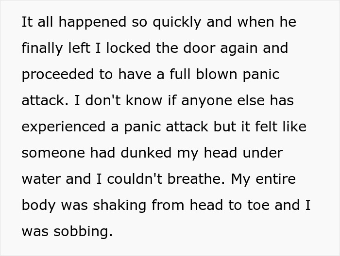 Text describing a panic attack after a stalker customer found the home and rang the doorbell, causing fear and trembling.