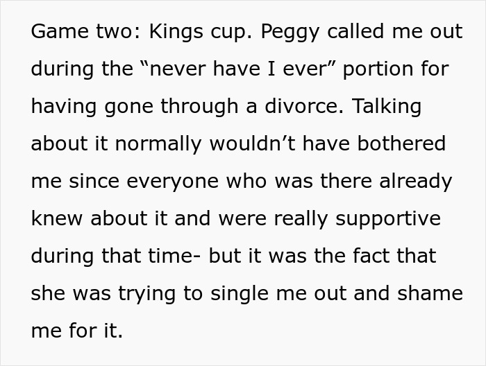 Text excerpt describing a game of Kings cup where a player feels singled out and shamed during a never have I ever round.