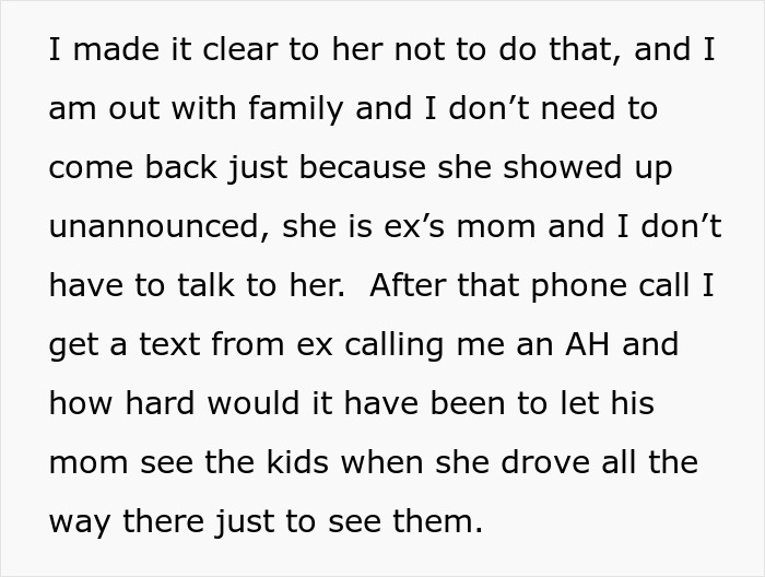 Text discussing a woman showing up unannounced at ex-DIL’s doorstep and conflict over letting her in. Text discussing a woman showing up unannounced at ex-DIL’s doorstep and conflict over letting her in.